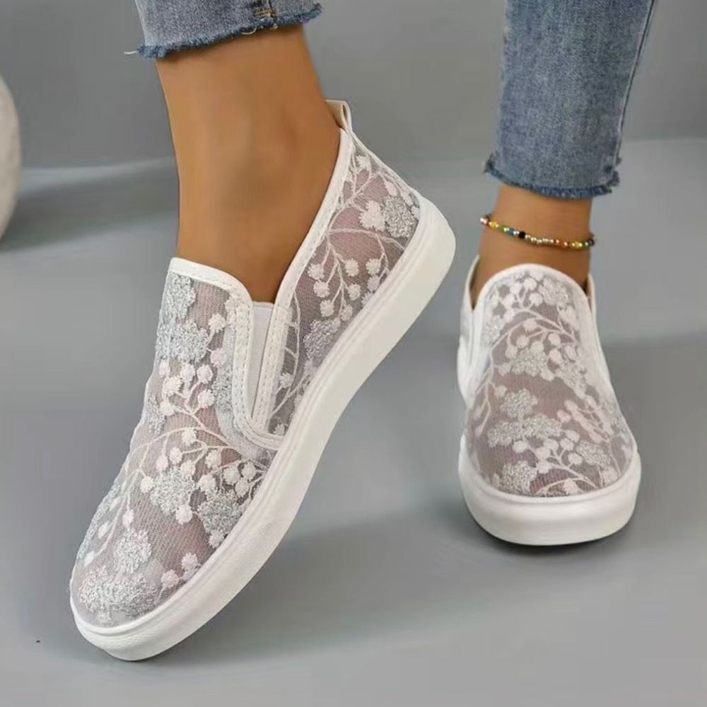 Women's Mesh Flat Shoes, Breathable Floral Embroidered Slip On Sneakers, Casual